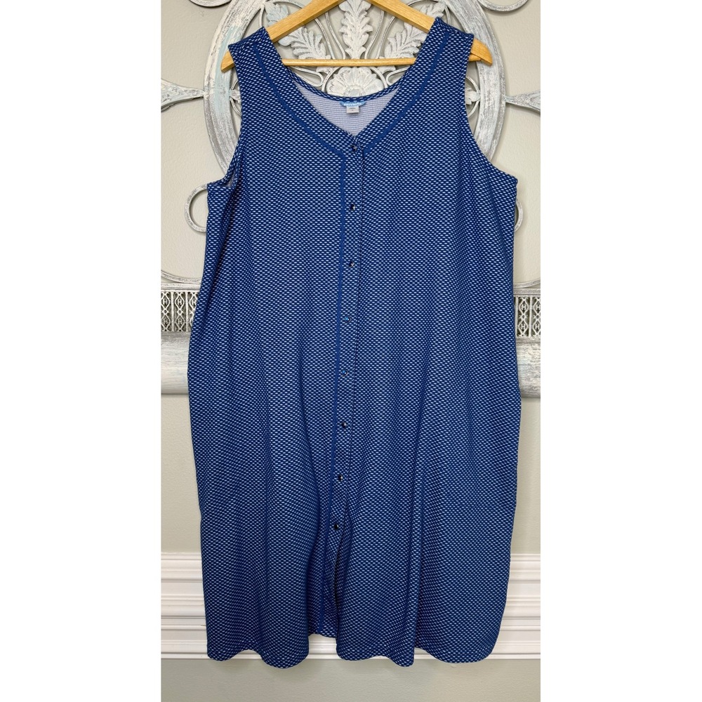 Basic Editions Blue White Button Front Sleeveless House Dress‎ Duster 2X EUC